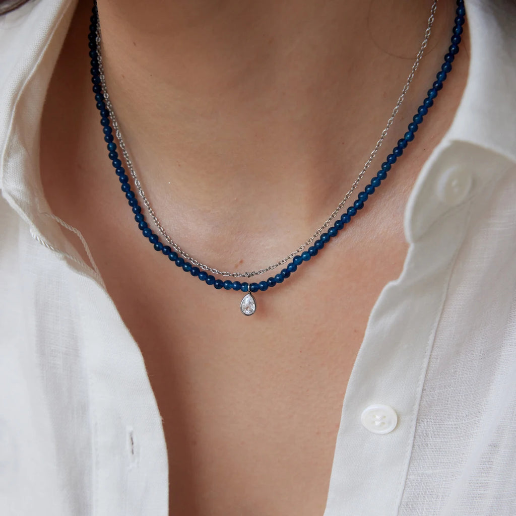 KIKA Water Drop Zircon Pendant Blue Natural Stone Bead Necklace  Delicate Stainless Steel 316L