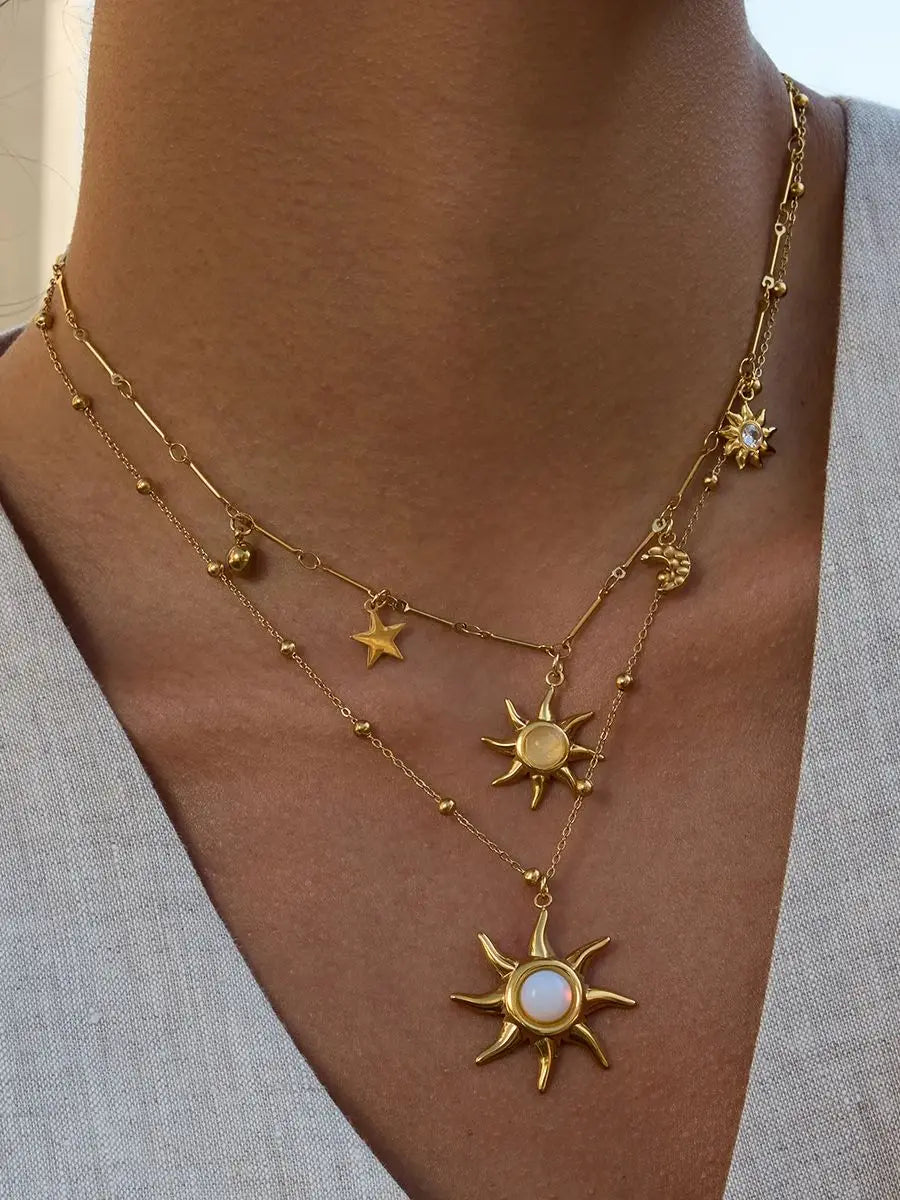 Kika  Designer Classic Opal Sun Pendant Bead Chain Necklace