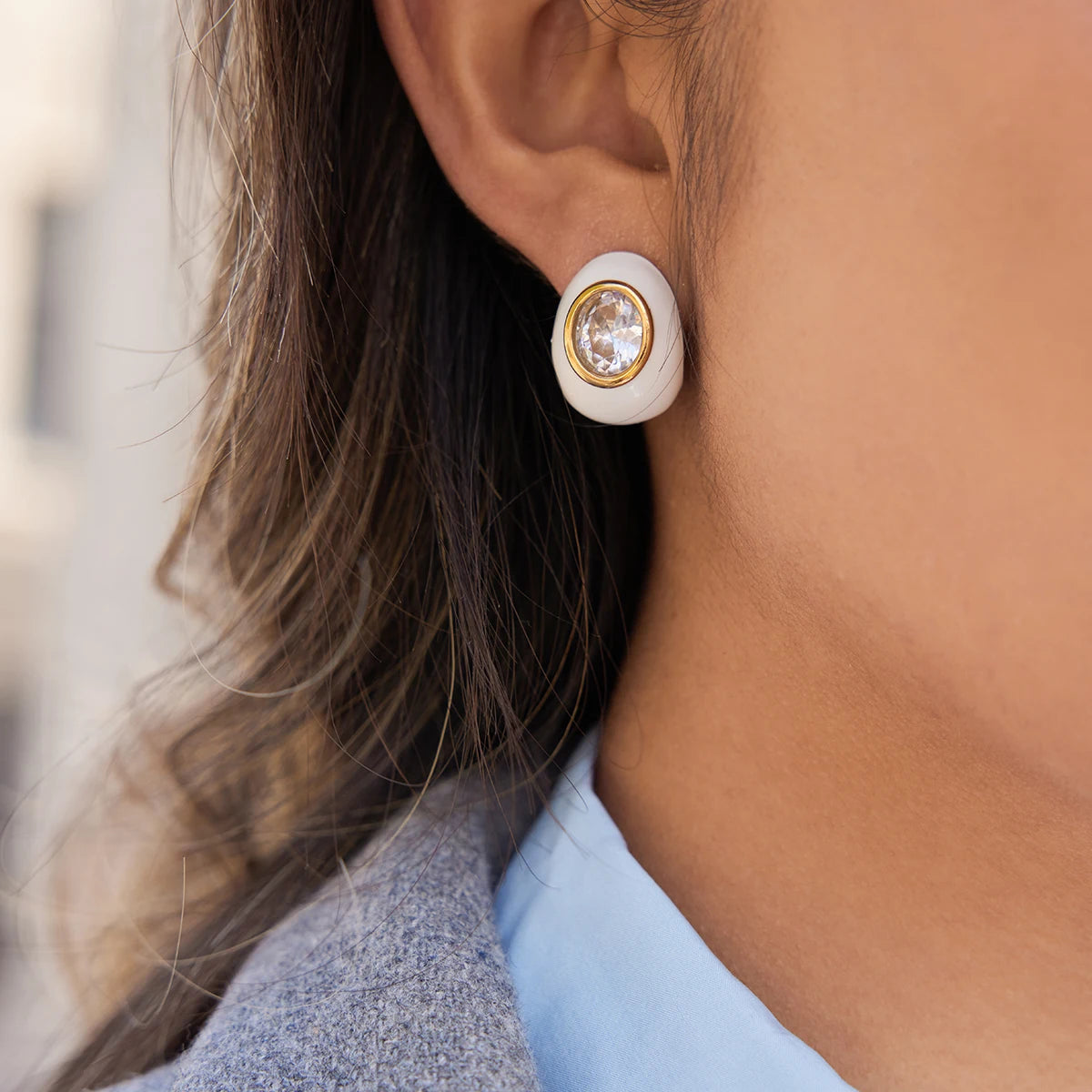 Kika White Zircon Multicolor Agate Stone Stud Earrings 18K Gold Plated Stainless Steel 316L