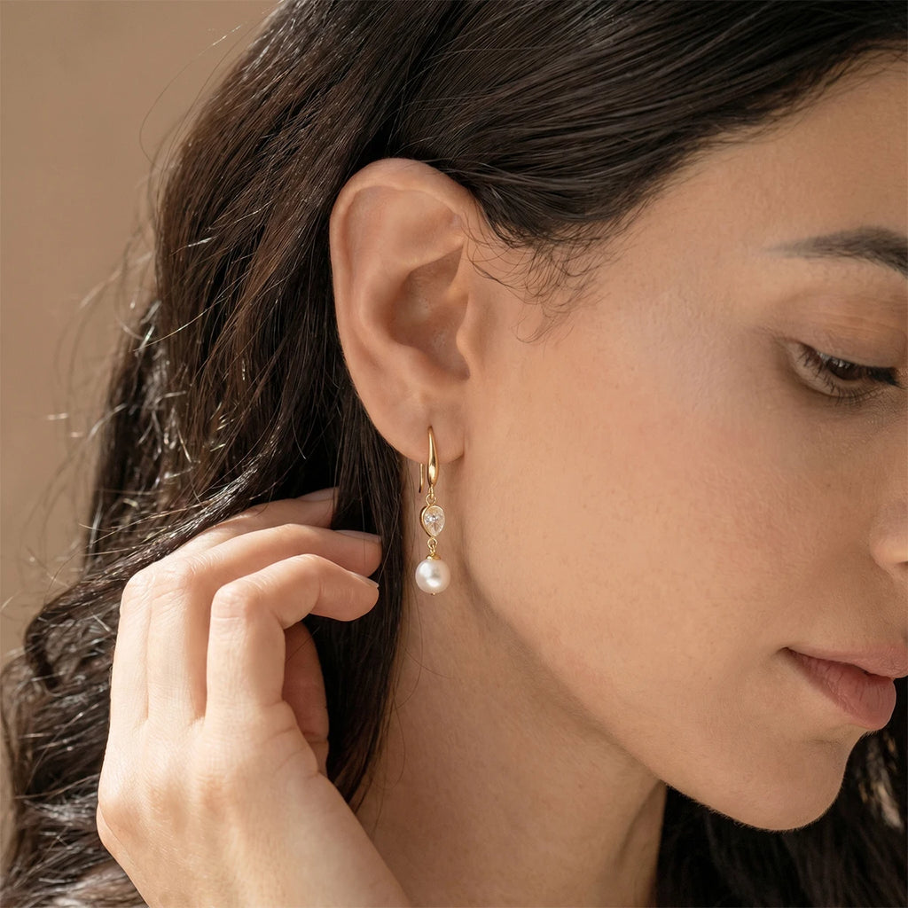 Kika Elegant Imitation Pearl Crystal Drop Earrings For Women 18K Gold PVD Plated Stainless Steel 316L
