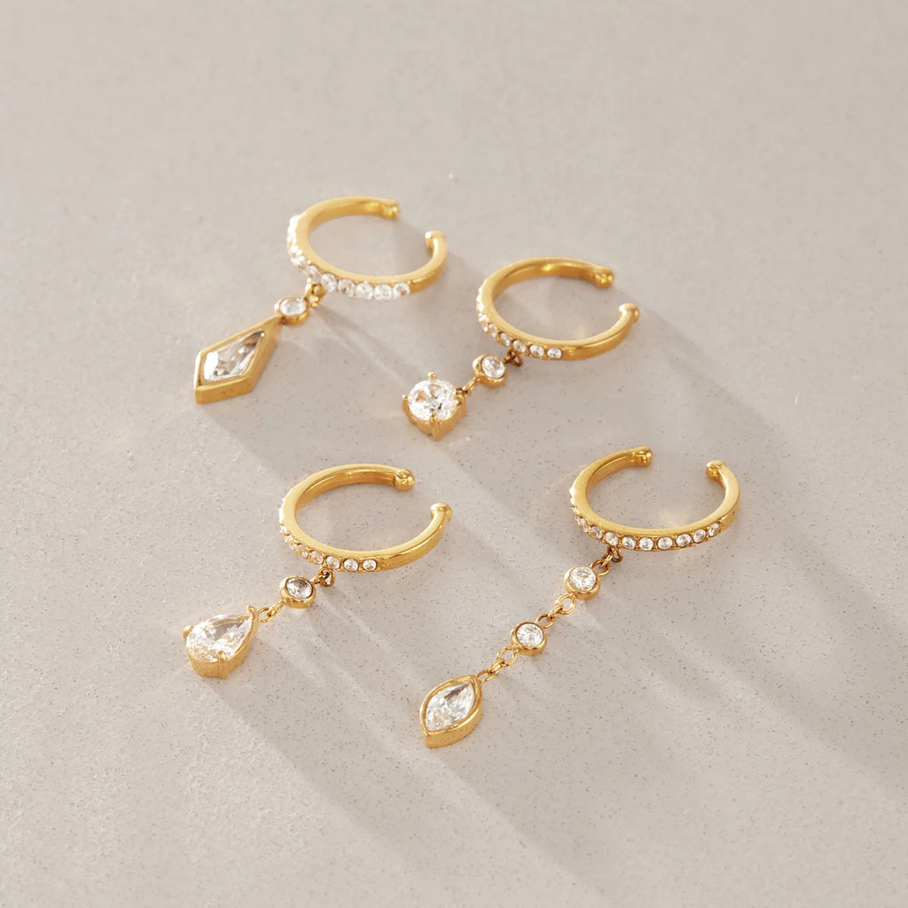 Kika Asymmetric Zircon Pendant Non-piercing Ear Clips 18K Gold PVD Plated Stainless Steel 316L