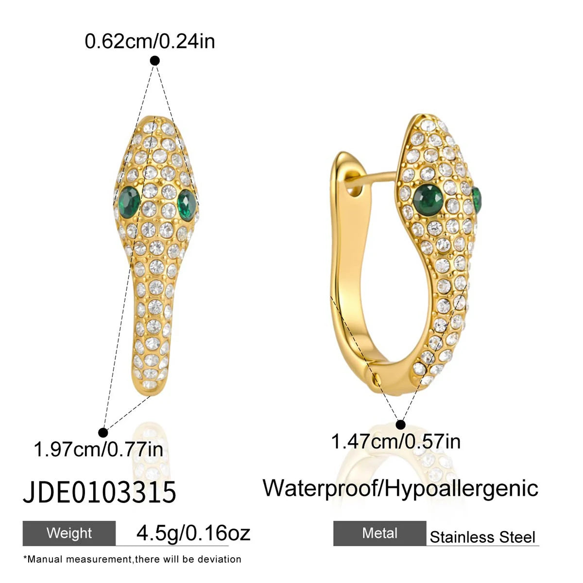 Kika Green Zircon White Crystal Snake Shape Clip Earrings