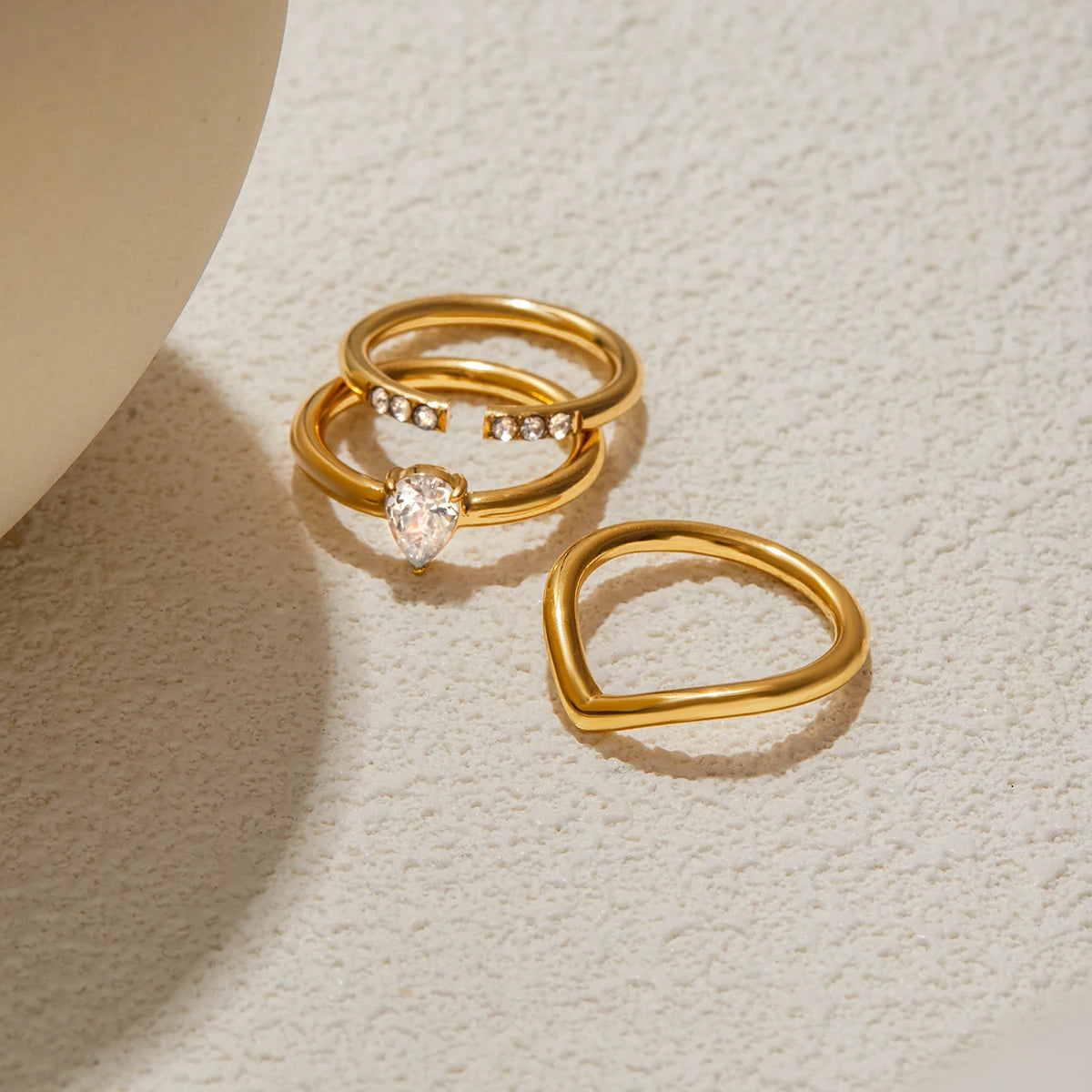 Kika Minimalist 18K Gold Color Plated Stainless Steel Zircon Water Drop Ring V-shaped Stackable