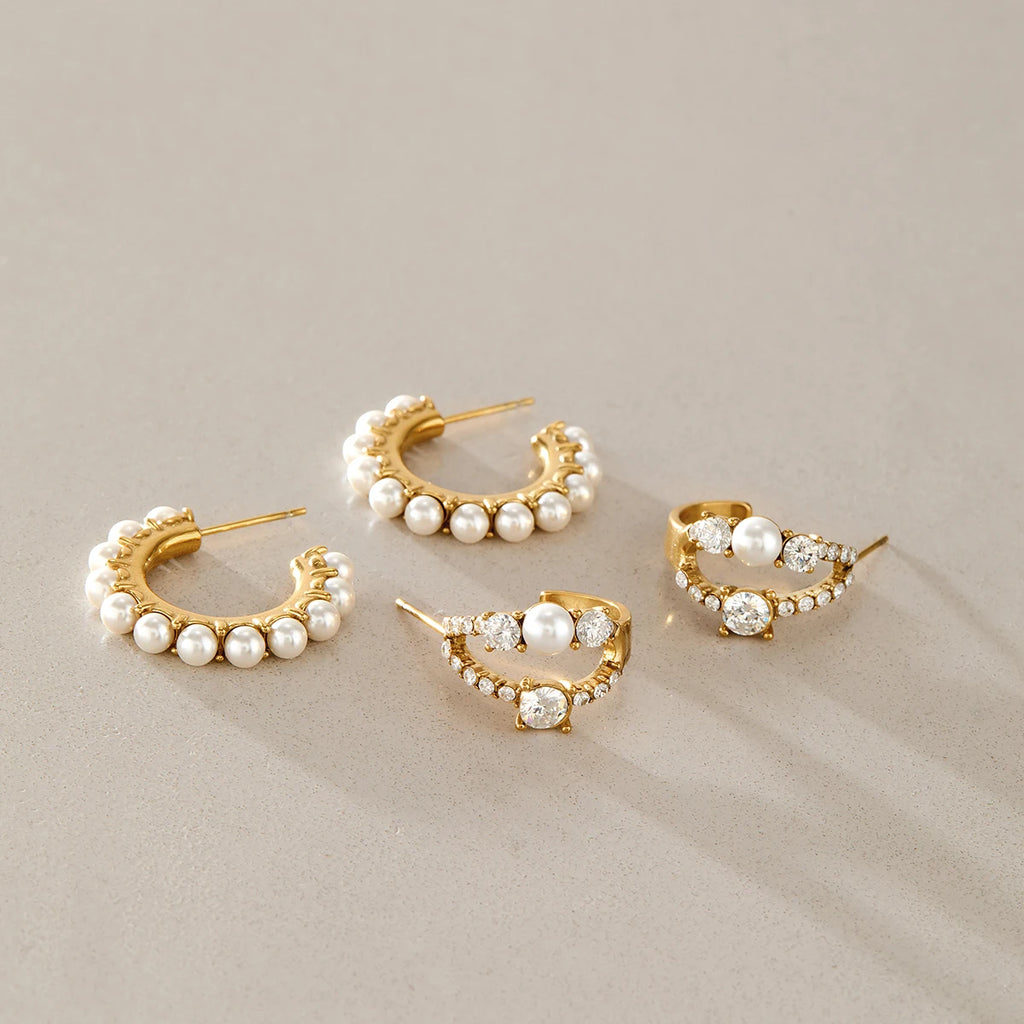 KIKA Elegant Zircon Imitation Pearl Earrings For Women 18K Gold Plated Stainless Steel C Shape Stud Earrings Fashion Jewelry