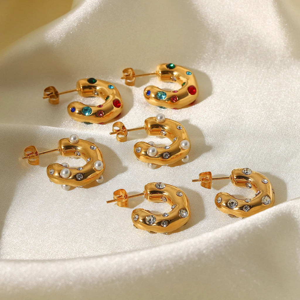 KIKA Shaped Hammer Shiny Zircon CC Shape Hoop Earrings For Women 18K Gold PVD Plated Stainless Steel 316L