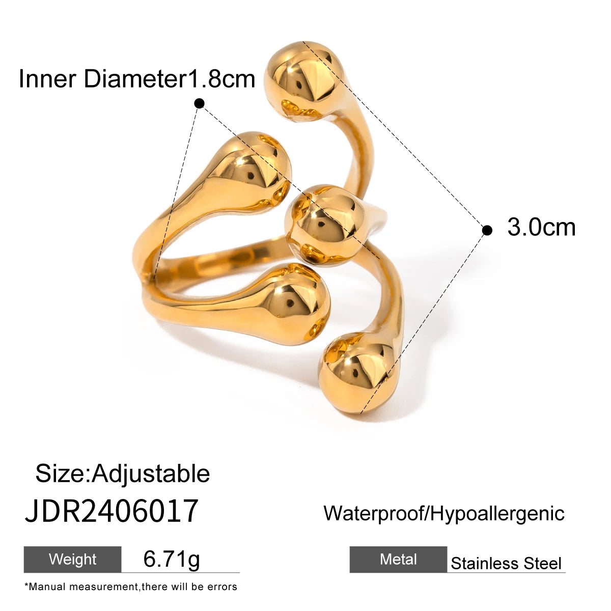 Kika Unique 18K Gold Color Irregular Stainless Steel Open Ring