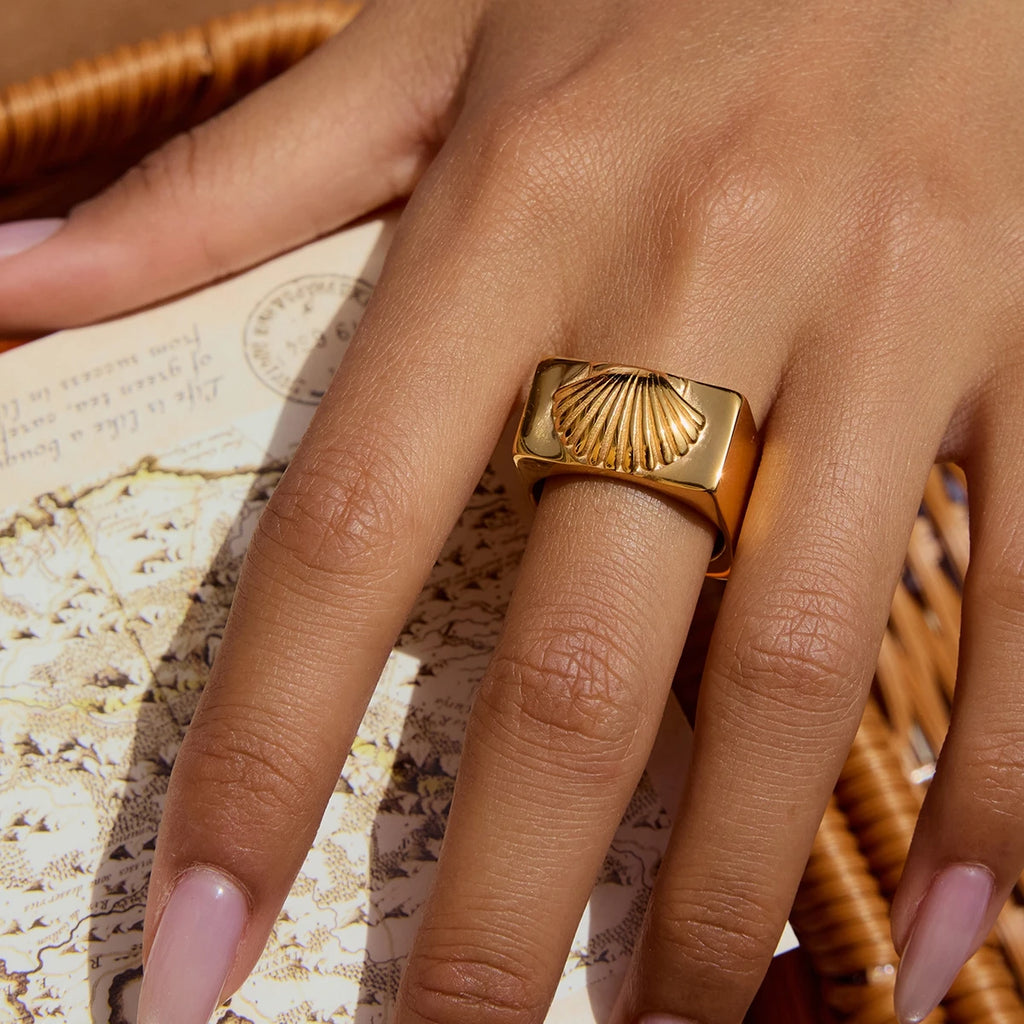 KIKA Minimalist Threaded Shell Square Ring PVD  Plated Stainless Steel 316L