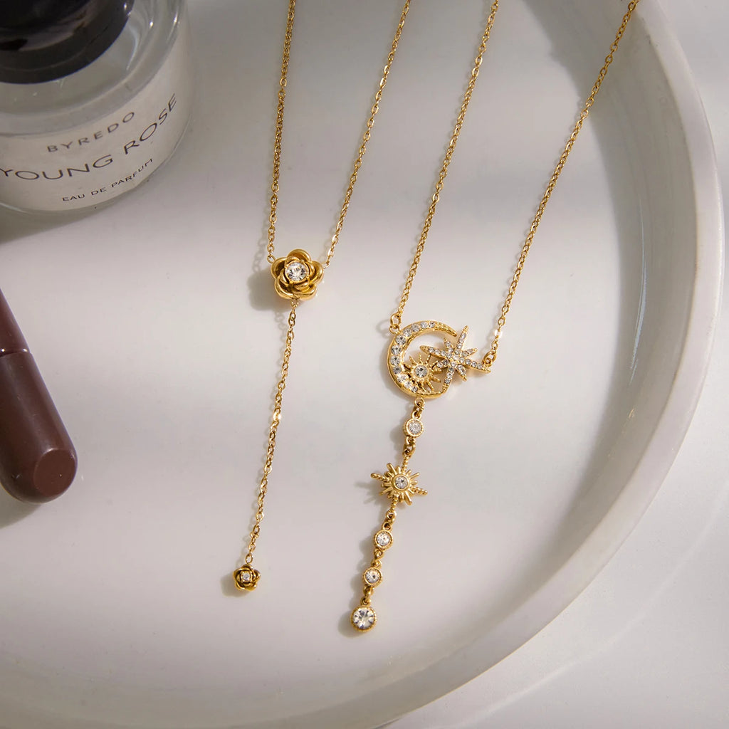 Kika Rhinestones Flower Star Moon Pendant Y-Shaped Chain Necklace
