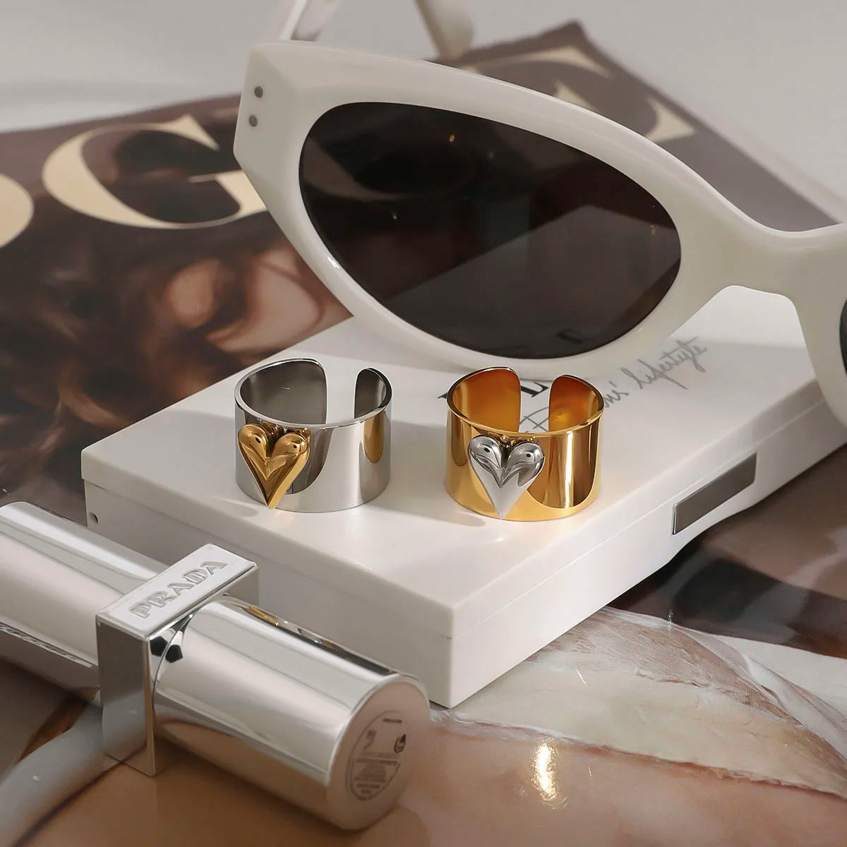 Kika Minimalism Gold And Silver Color Large Heart Cocktail Ring