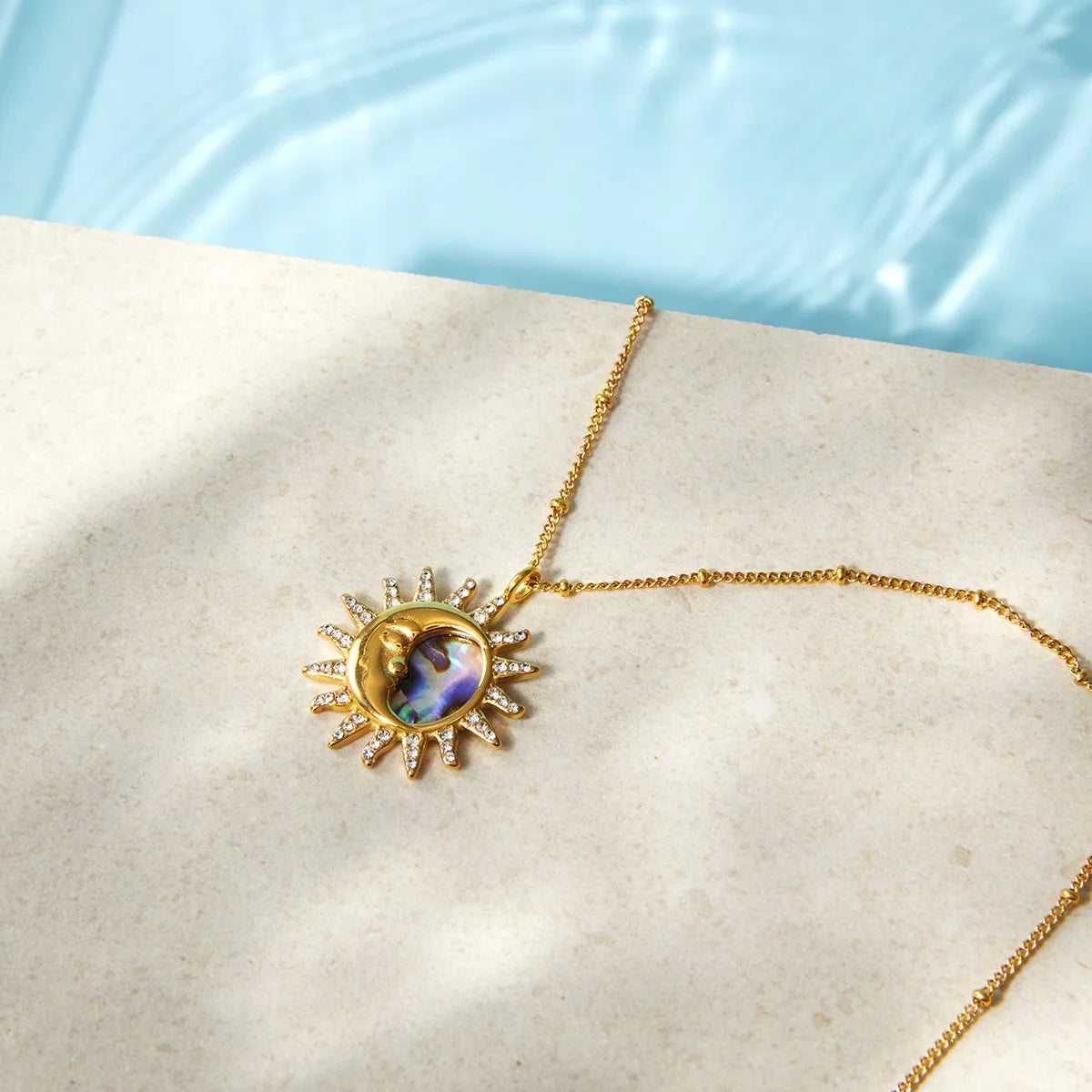Kika Classic Moon Sun Pendant With White Rhineston Bead Chain Necklace