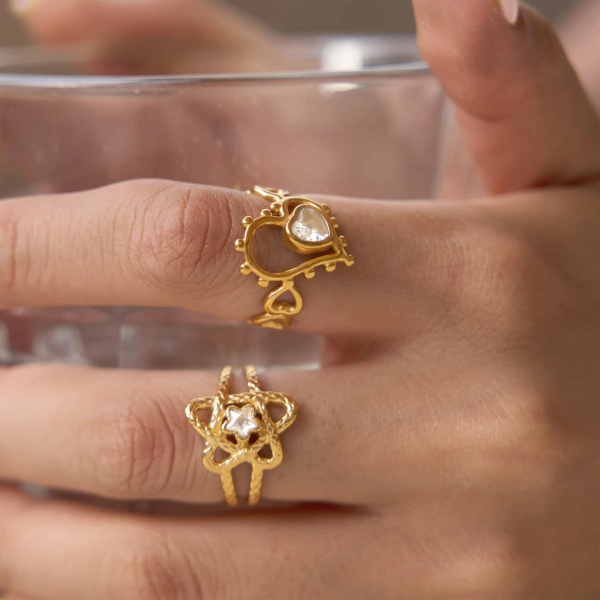 Kika Star Heart Zircon Hollow Open Rings