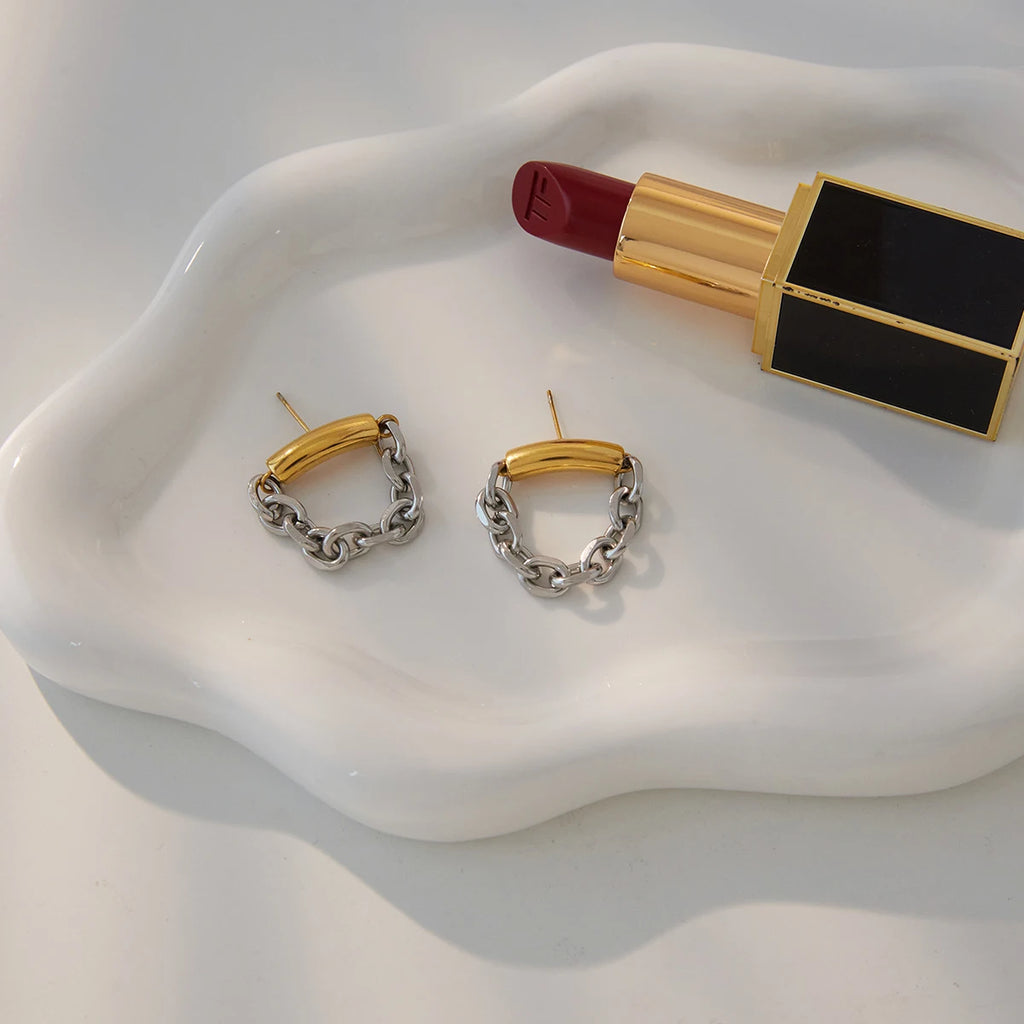 Minimalist 18K Gold And Silver Color-block Chain Tassel Earrings
