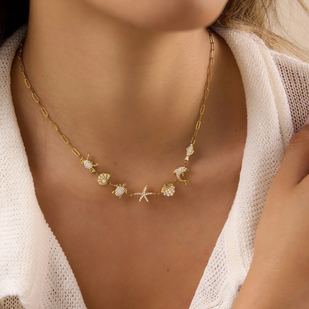 Kika White Rhinestone Crab Conch Starfish Paperclip Necklaces