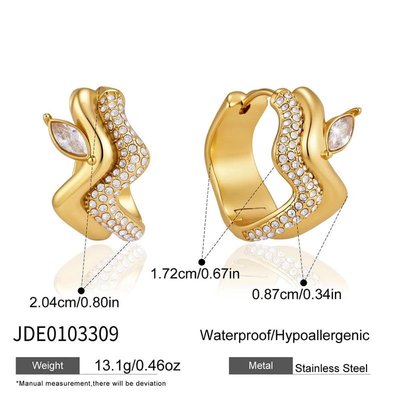 KIKA Horse Eye Shape Zircon Iced Out Wave Shape Clip Earrings PVD Plated Stainless Steel 316L