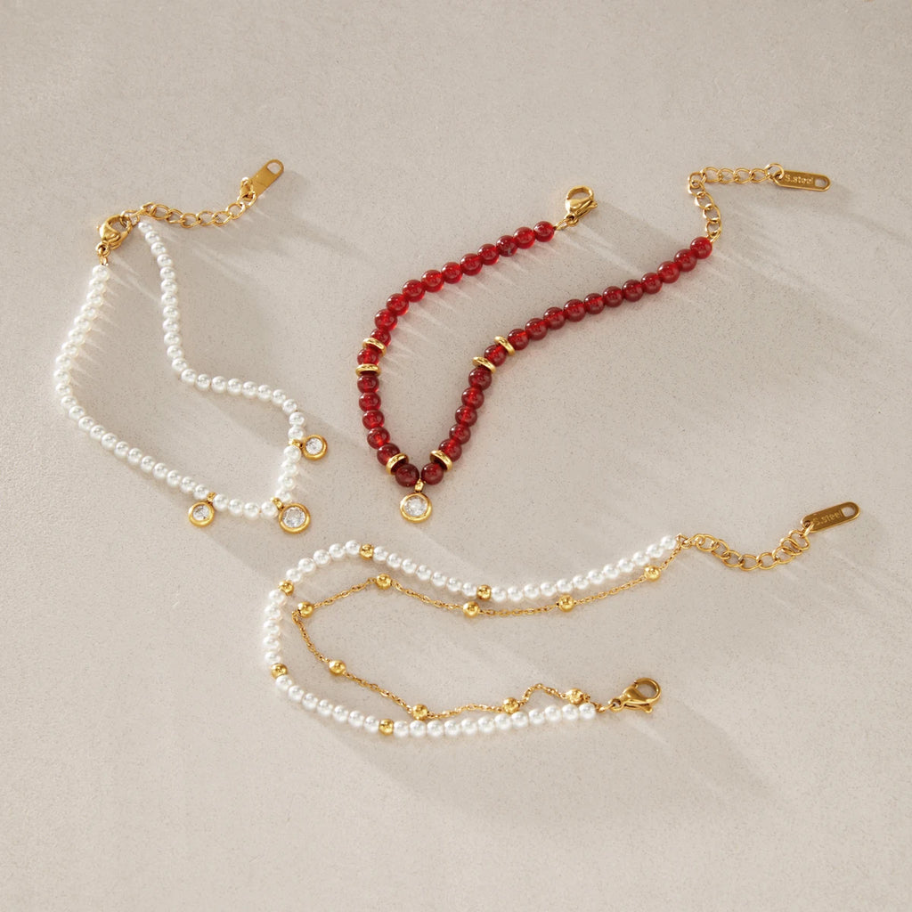 KIKA  Red Agate Stone Imitation Pearl Beaded Bracelet  18K Gold Plated Stainless Steel 316L