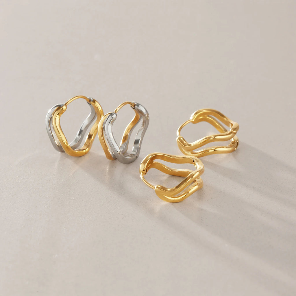 Kika Double Layer Wave Shape Clip Earrings 18K Gold PVD Plated Stainless Steel 316L