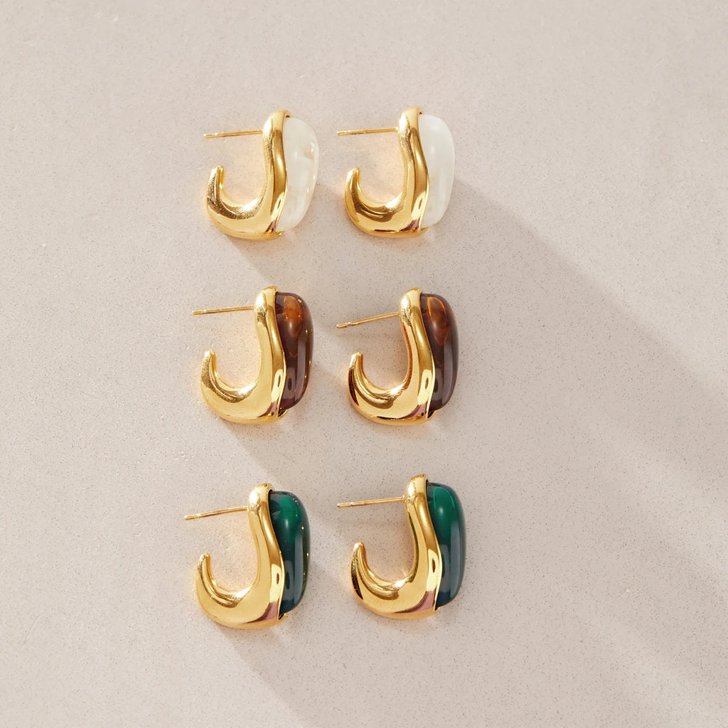 KIKA Elegant Geometric Resin C Shape Stud Earrings For Women 18K Gold PVD Plated Stainless Steel 316L Earrings Fashion Jewelry Gift