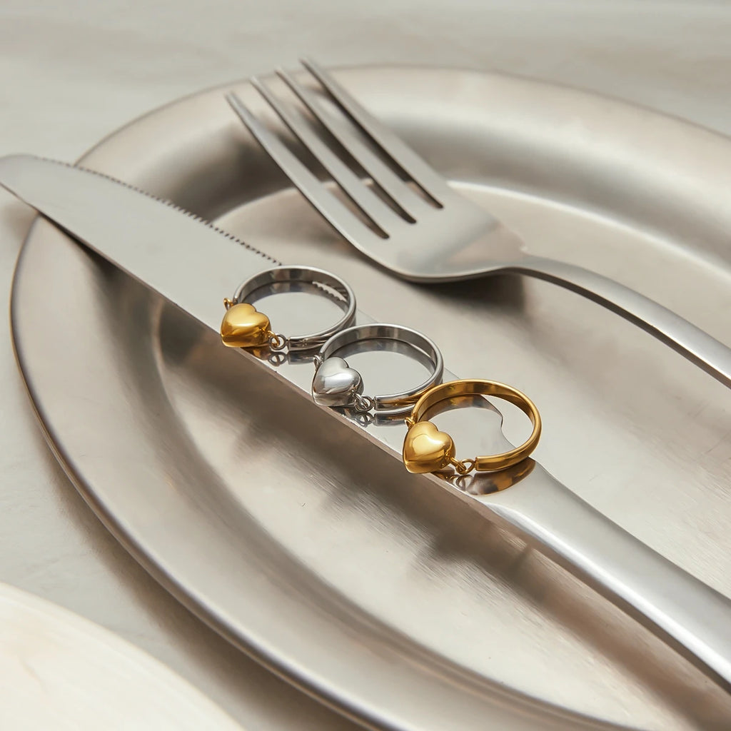 Kika Simple Classic Stainless Steel Heart Ring Love Flip Stacked