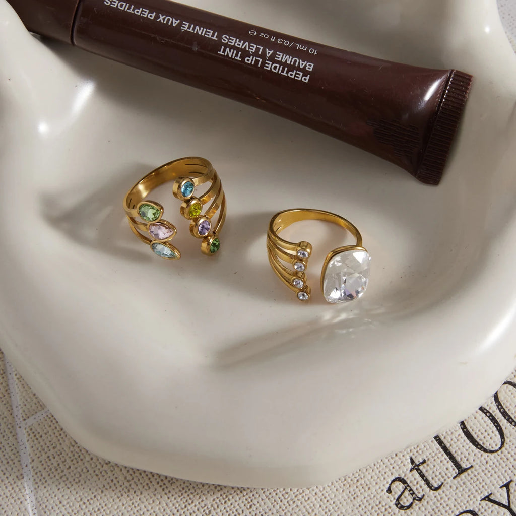 KIKA Elegant Geometric Crystal Open Rings Gold PVD Plated Stainless Steel 316L