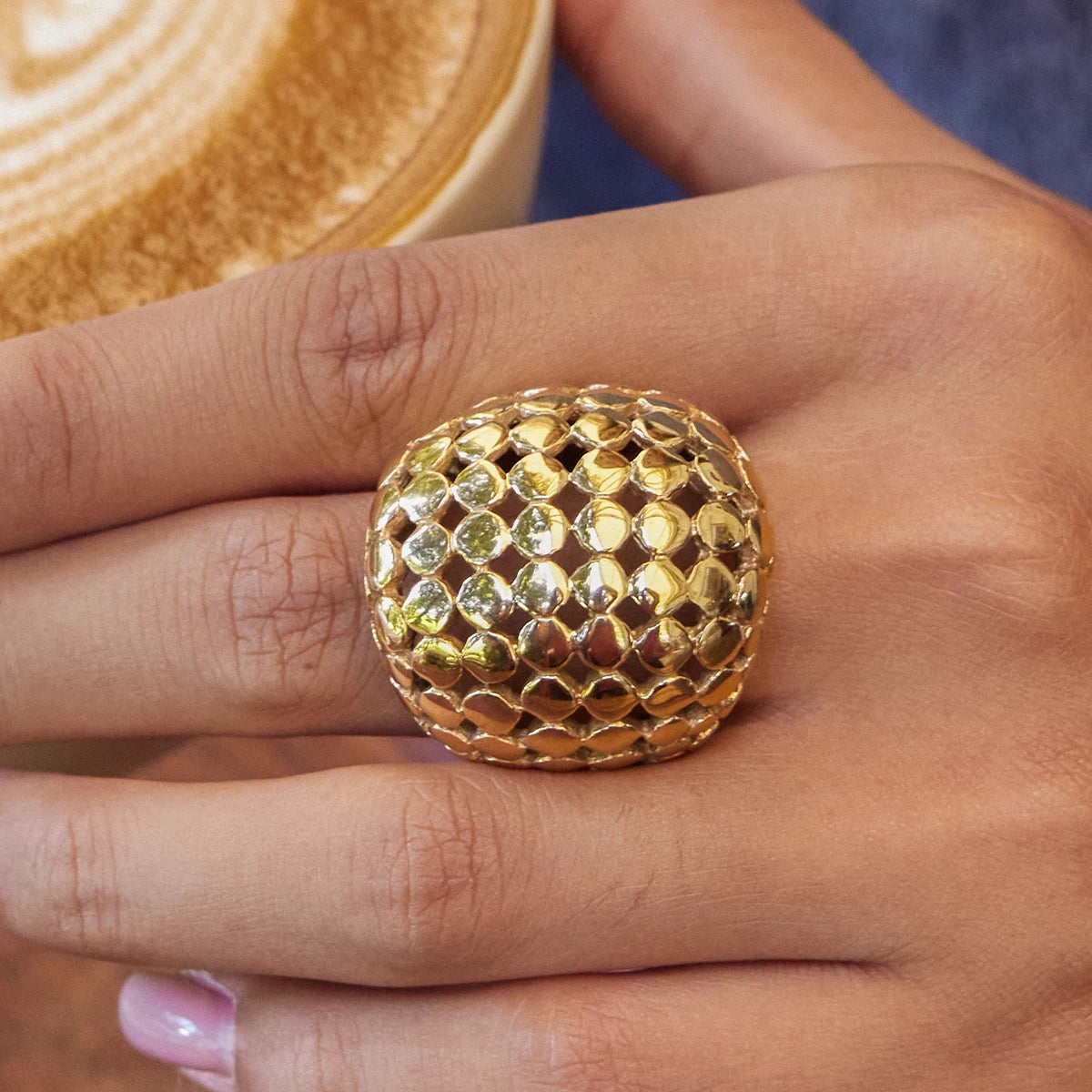 KIKA Unique Designer PVD Plated Mesh Hollow Spherical Exaggerated Rings Waterproof Stainless Steel 316L