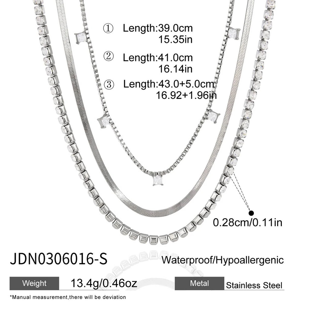 Kika Delicate Steel Color Square White Zircon Pendant Three-Layer Multi-Layer Necklace