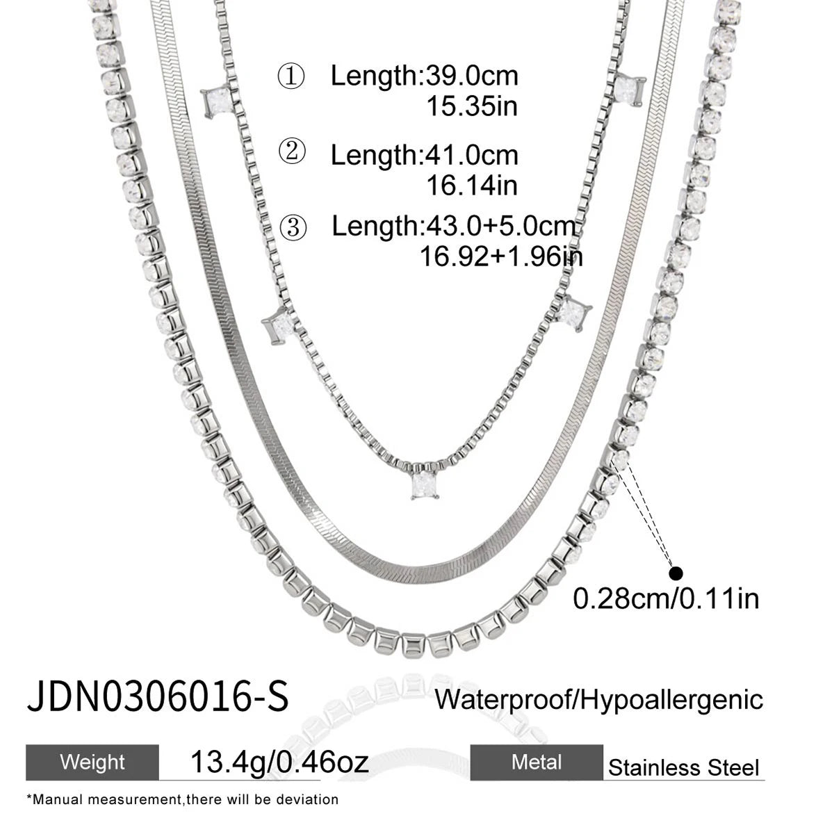 Kika Delicate Steel Color Square White Zircon Pendant Three-Layer Multi-Layer Necklace