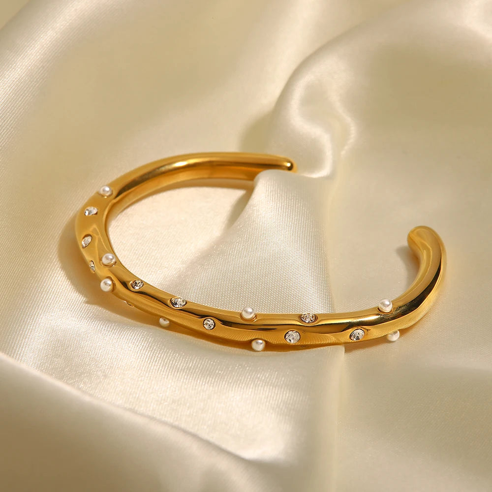 KIKA New Trend 18K Gold Plated Mini Pearl Cuff Bracelets Stainless Steel Pave Zircon Open Cuff Bangle bijoux femme