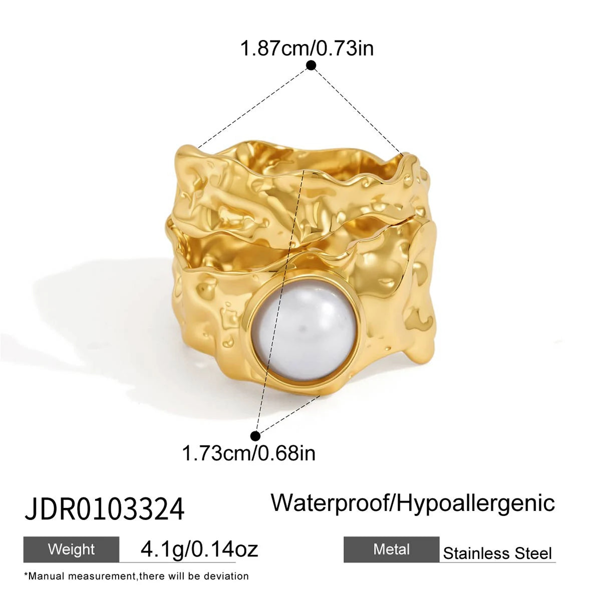 Kika Classic Hammer Texture With Imitation Pearl Wide Open Ring ñ