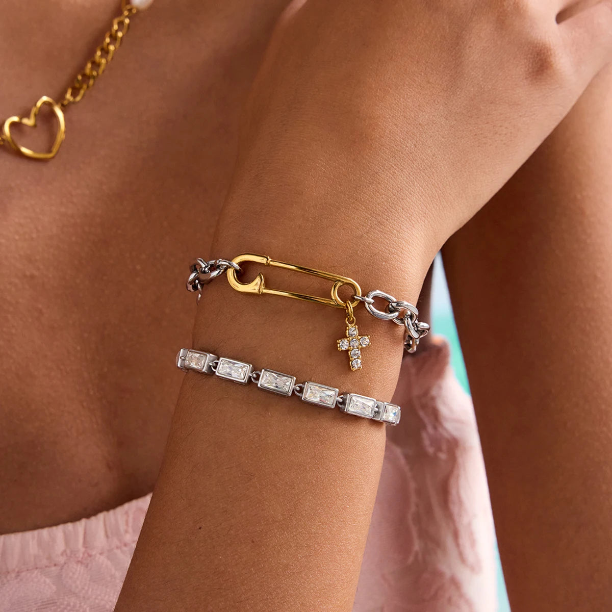 KIKA  Minimalist Two Tone Zircon Cross Pendant Paper Clip Bracelet Stainless Steel 316L Stackable Bracelet