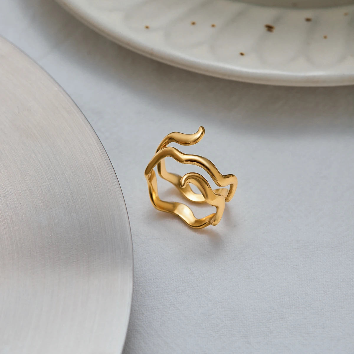 KIKA Minimalist 18K Gold Color PVD Plated Stainless Steel 316L Double Layer Wave Ring Three Layer Line Stackable Ring