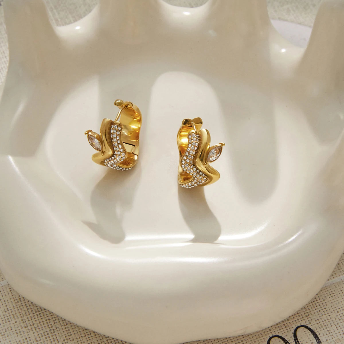 KIKA Horse Eye Shape Zircon Iced Out Wave Shape Clip Earrings PVD Plated Stainless Steel 316L