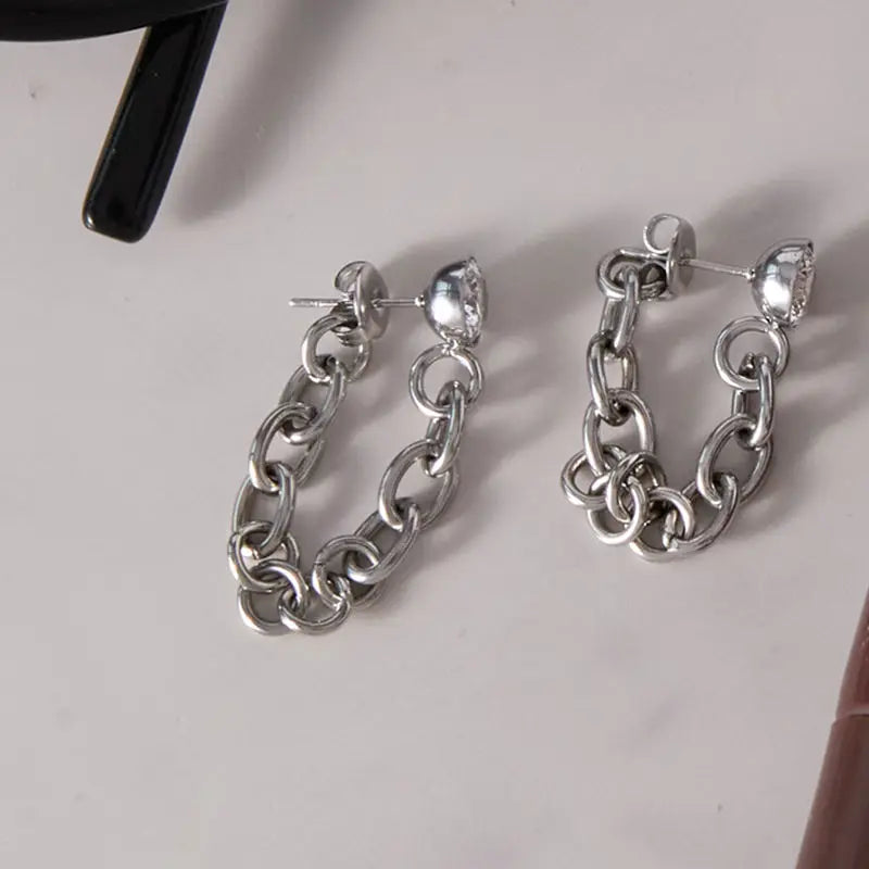 Kika Delicate Steel Color White Zircon Hollow Thick Chain Tassel Earrings