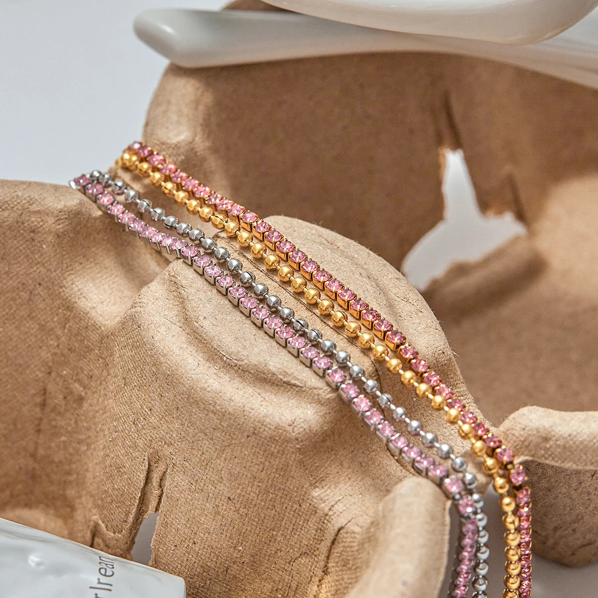 KIKA Minimalist Classic 18K Gold Color Plated Stainless Steel Pink Rhinestone Claw Chain Bead Chain Double-layer Bracelet Wome