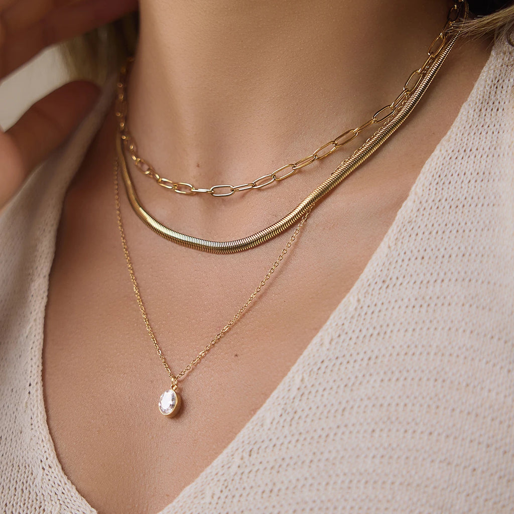 Kika Delicate Three Layer Snake Bone Paperclip Chain Necklace