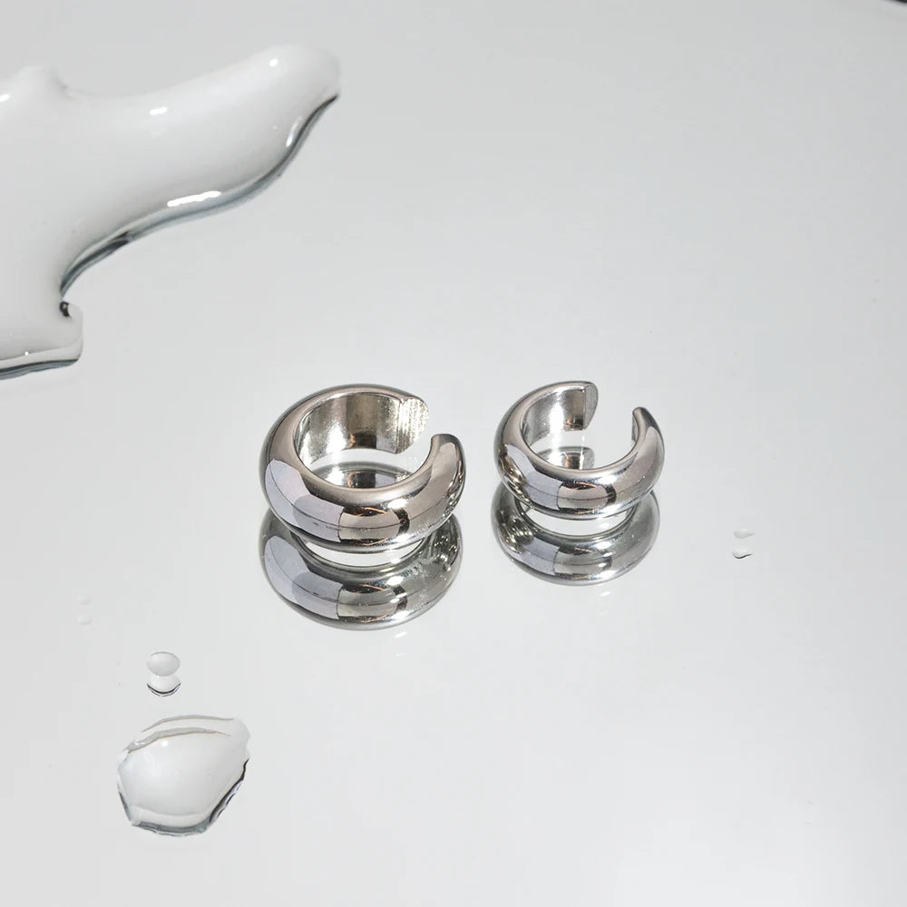 KIKA Stainless Steel 316L Chunky Huggie Hoop Earrings Non Piercing Chunky Ear Cuff Silver Color Hoop Earring