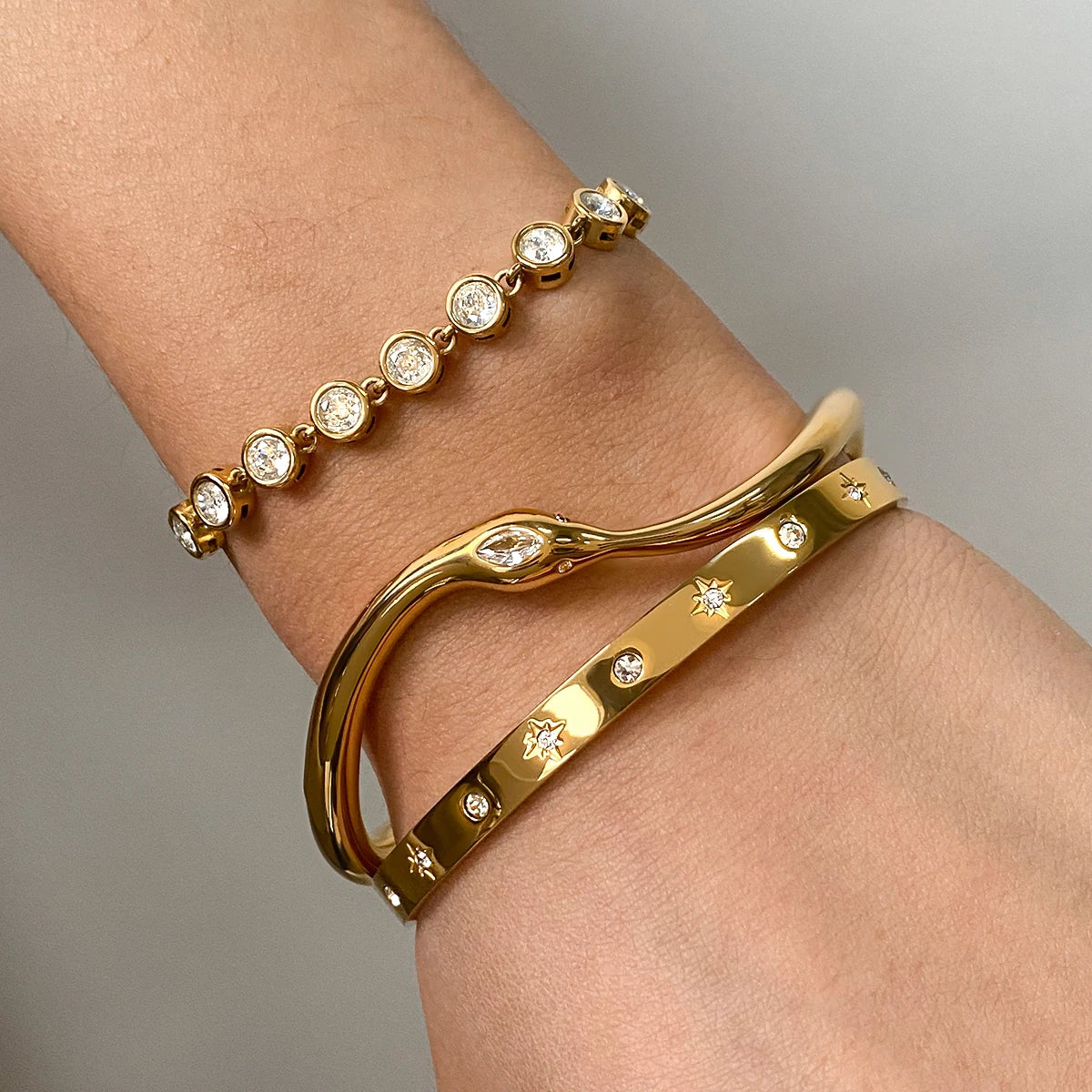 KIKA Minimalist White Zircon Spirit Snake Bracelet 18K Gold Color PVD Plated Stainless Steel 316L Irregular Bracelet