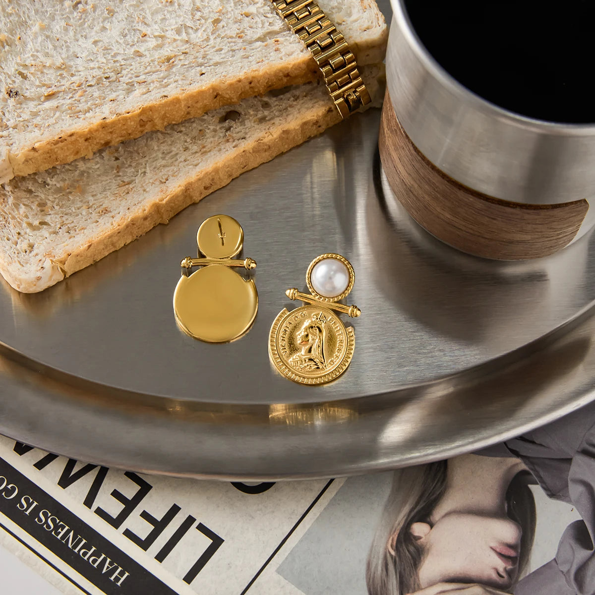 KIKA Classic 18K Gold Color PVD  Plated Inlay Resin Pearl Coin Earring Hypoallergenic Waterproof Stainless Steel 316L