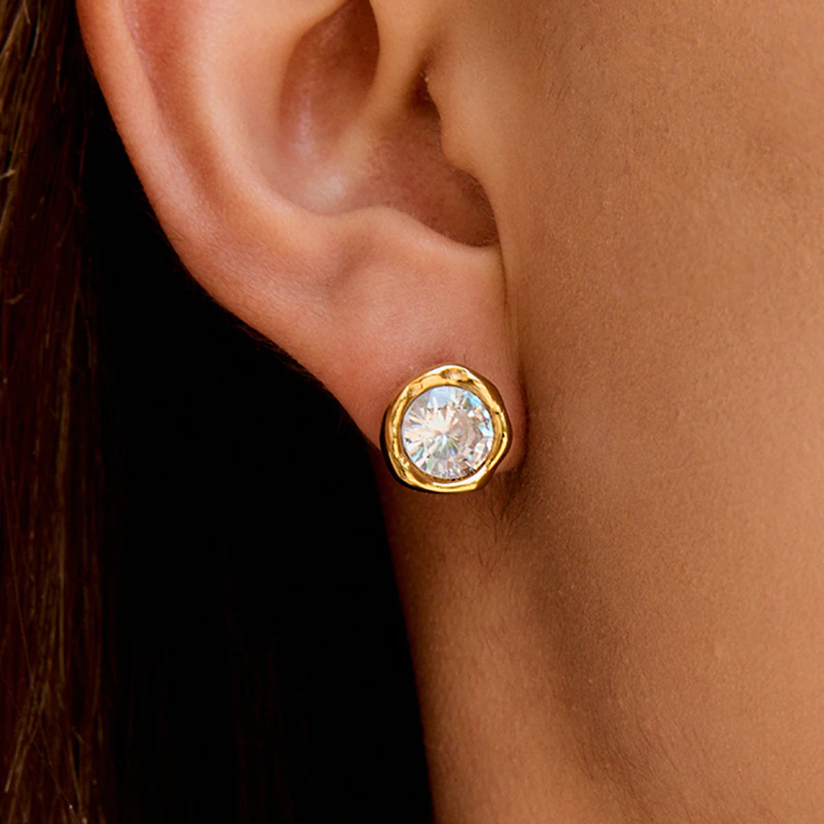 KIKA Simple Classic 18K Gold Color PVD Plated Stainless Steel 316L Round White Zircon Ear Studs