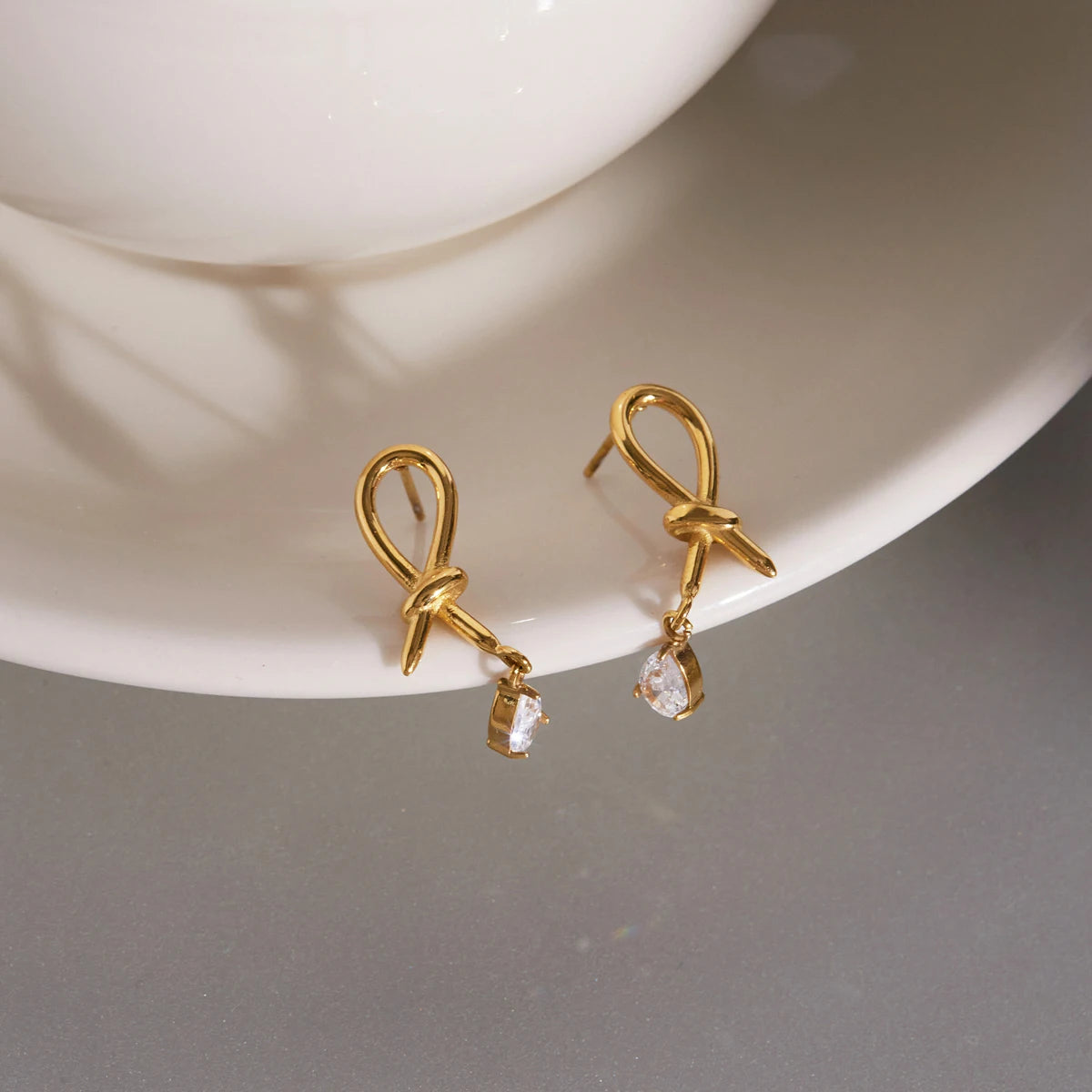 KIKA Water Drop Zircon Pendant Knotted Earrings Minimalist 18K Gold Plated Stainless Steel 316L
