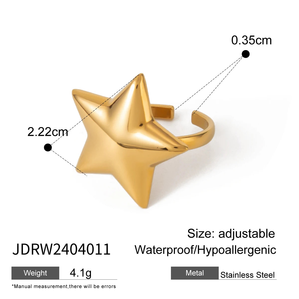 KIKA Unique Designer 18K Gold Color PVD  Plated Stainless Steel 316L Rhinestone Pentagram Rings Stackable