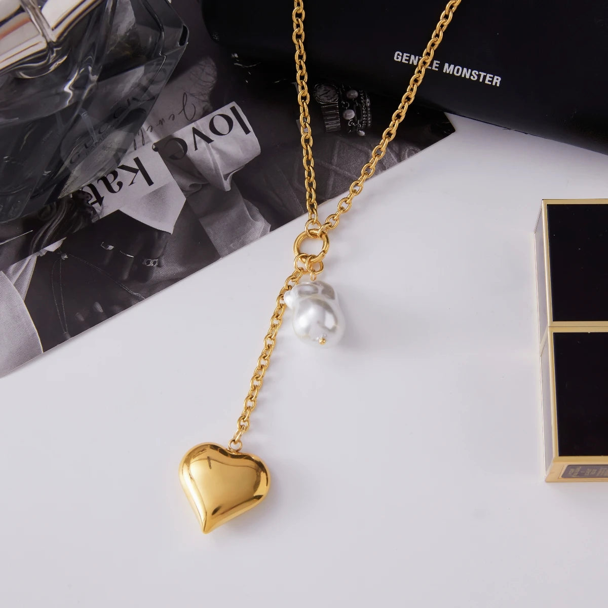 Kika Classic Trendy 18K Gold Color Plated Irregular Pearl Heart Pendant Tassel Y-Shape Necklace