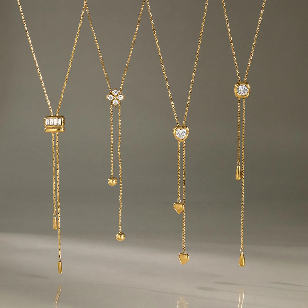 KIKA Geometric Zircon Pendant Necklace  Adjustable 80cm Long Chain 18K Gold PVD Plated Stainless Steel 316L
