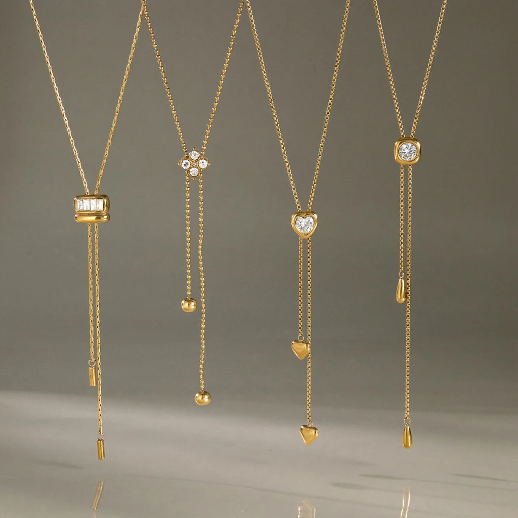KIKA Geometric Zircon Pendant Necklace  Adjustable 80cm Long Chain 18K Gold PVD Plated Stainless Steel 316L