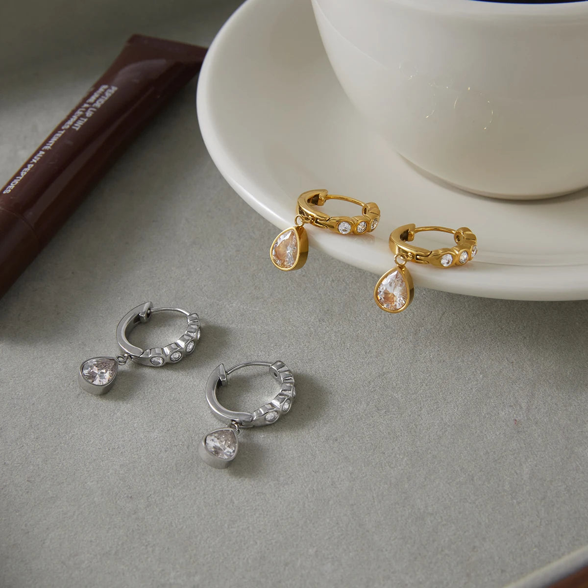 KIKA Delicate Round Water Drop Zircon Earrings PVD Plated Stainless Steel 316L