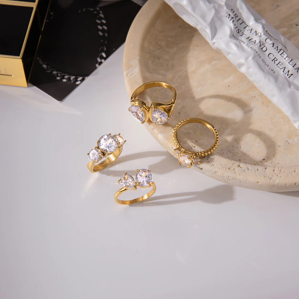 KIKA Classic MInimalist 18k Gold Color PVD Plated Droplet Shaped Large White Zircon Rings Waterproof  Stainless Steel 316L