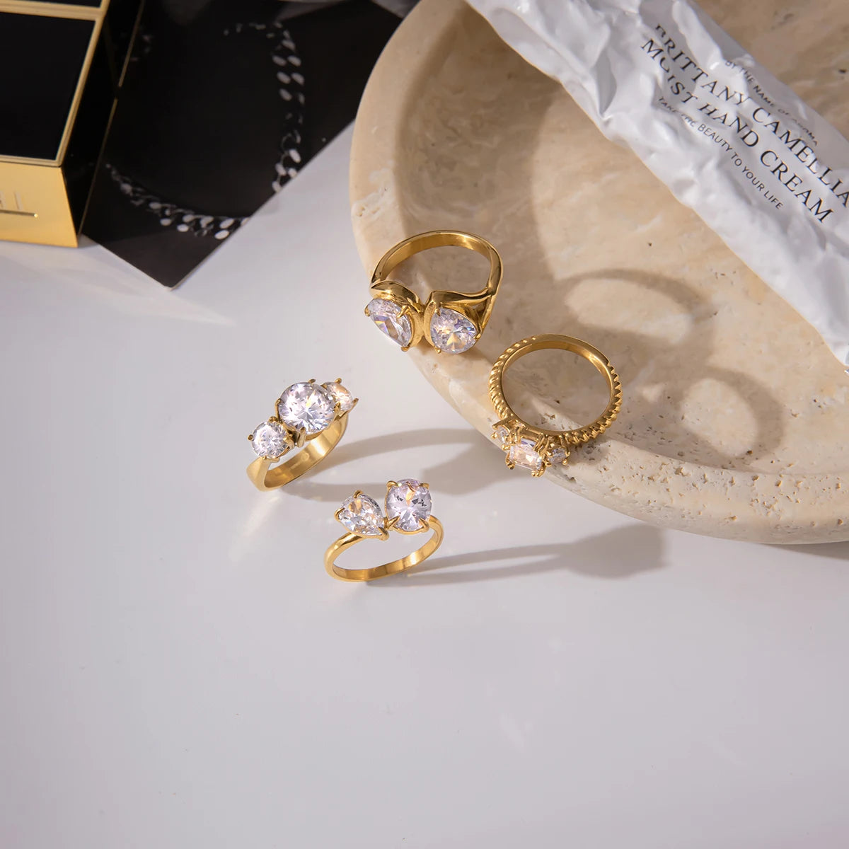 KIKA Classic MInimalist 18k Gold Color PVD Plated Droplet Shaped Large White Zircon Rings Waterproof  Stainless Steel 316L