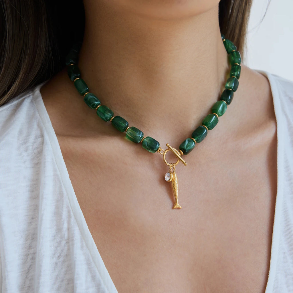 KIKA Green Resin Bead Chain Fish Pendant Necklace For Women 18K Gold PVD Plated Stainless Steel Necklace Fashion Jewelry Gift