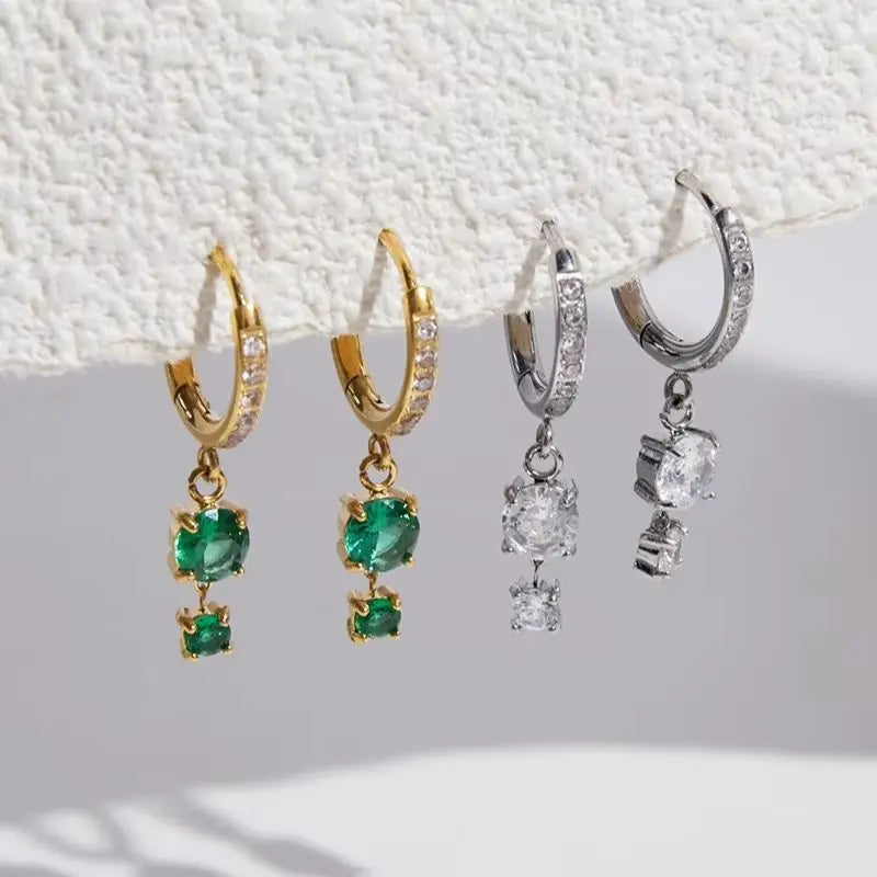 KIKA Green Glass White Zircon Drop Earrings PVD Gold Plated Stainless Steel 316L