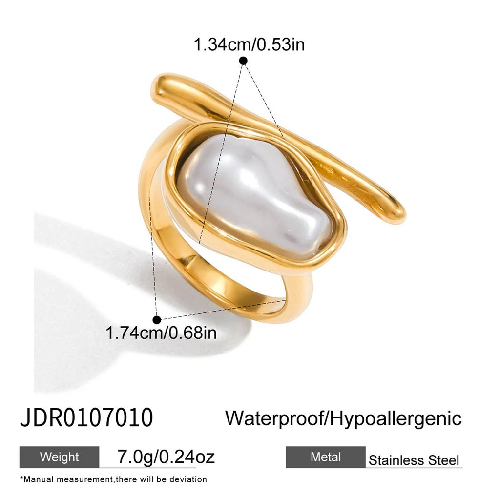 KIKA Simple and Elegant 18K Gold Color PVD Plated Stainless Steel 316L Baroque Shaped Pearl Asymmetric Ring Stackable Pearl