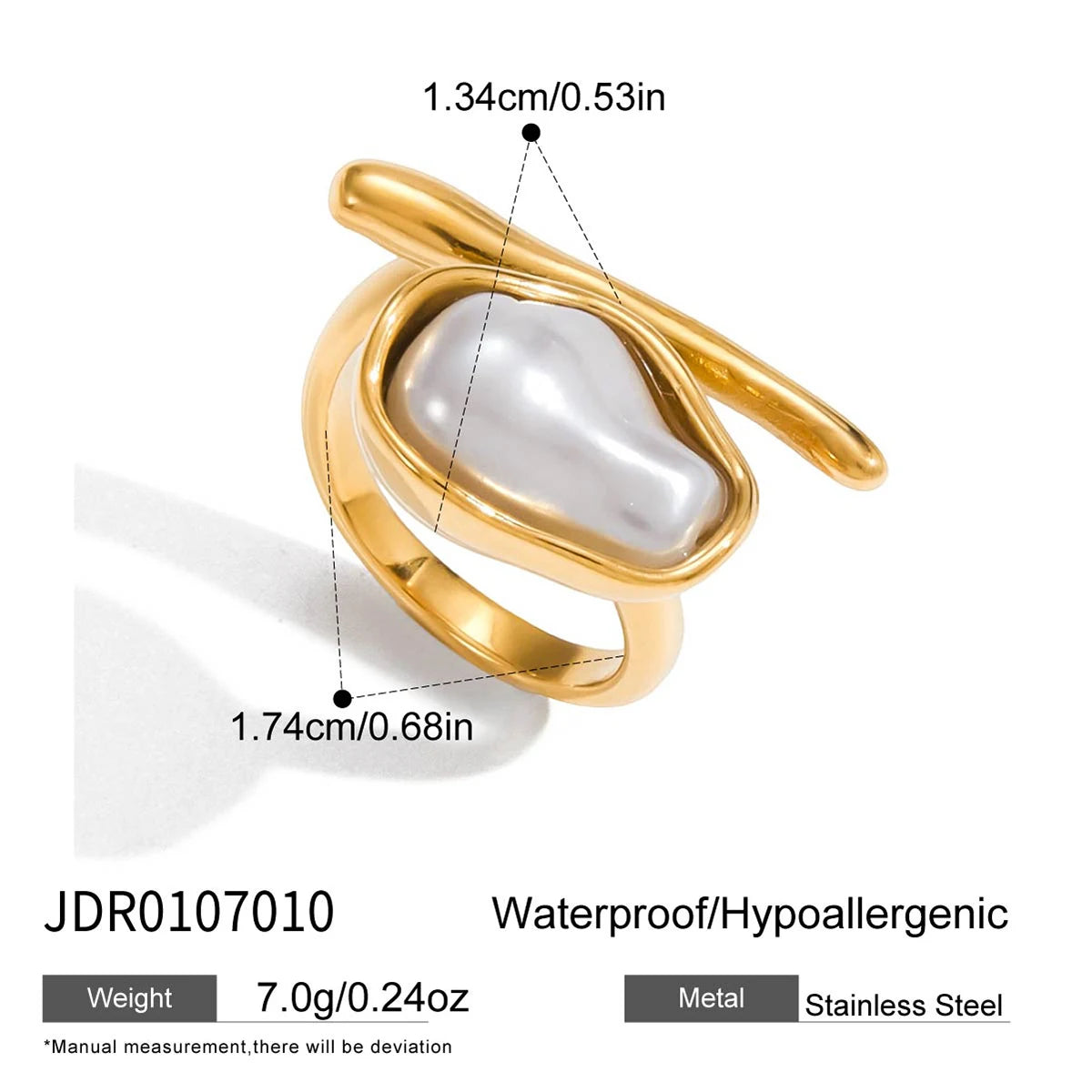 KIKA Simple and Elegant 18K Gold Color PVD Plated Stainless Steel 316L Baroque Shaped Pearl Asymmetric Ring Stackable Pearl